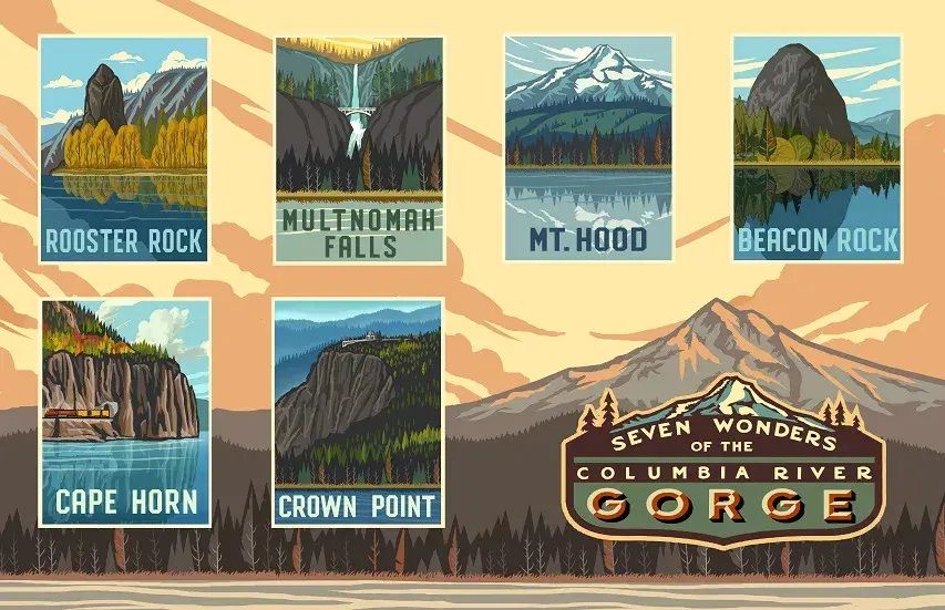 Illustrated poster showcasing seven natural landmarks titled "Seven Wonders of the Columbia River Gorge."