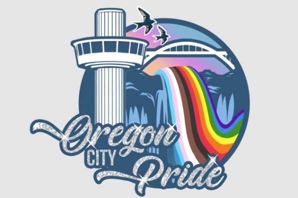 Illustration featuring a stylized cityscape with a tall tower, bridge, and waterfall flowing in rainbow and transgender pride colors.