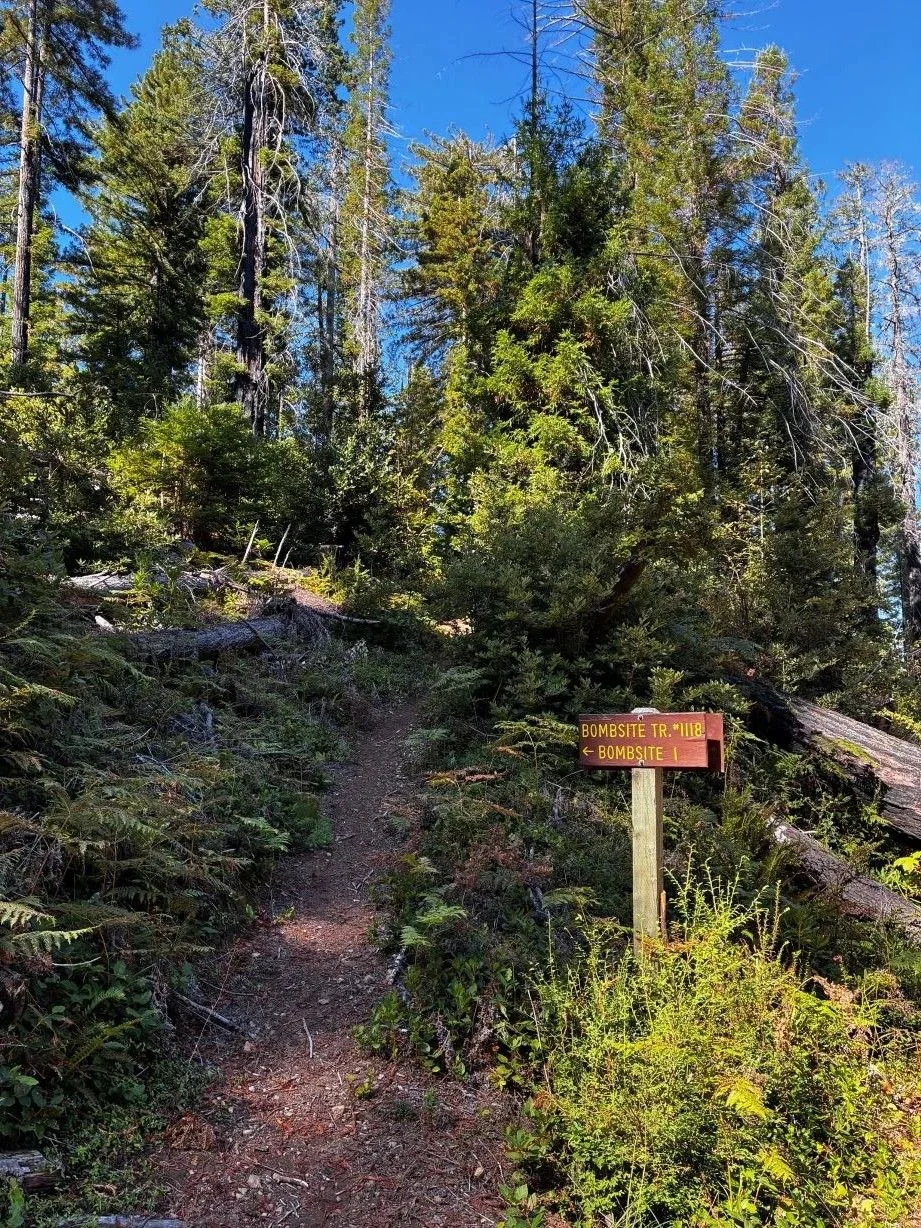 Bombsite Trailhead wooden signage.