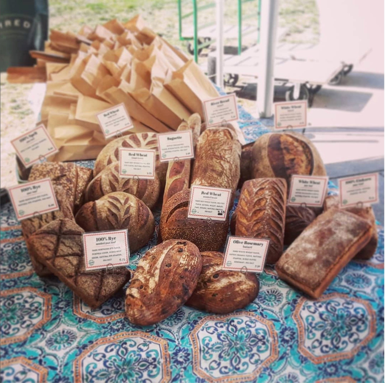 Various types of artisan bread on display.
