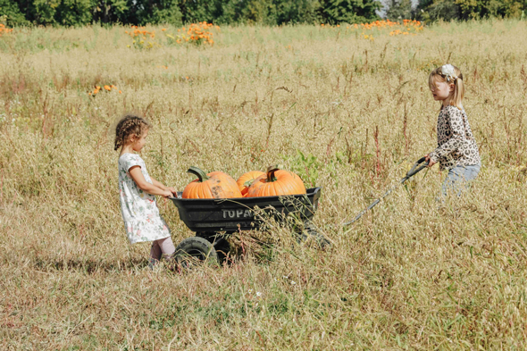 two children with a wagon containing pumpkins