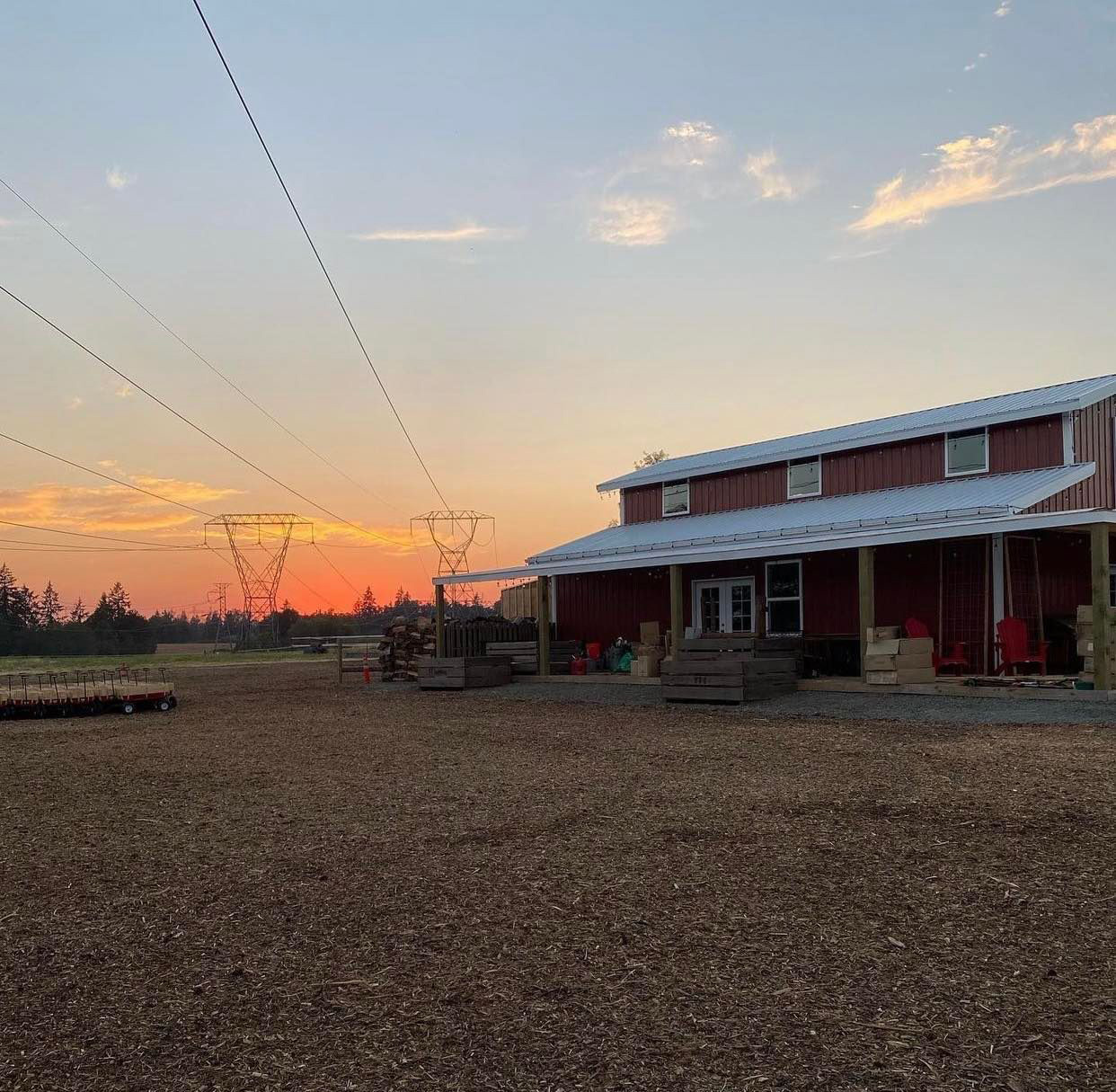 red barn at sunset