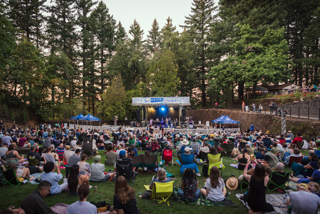 A crowd gathered for an outdoor concert.