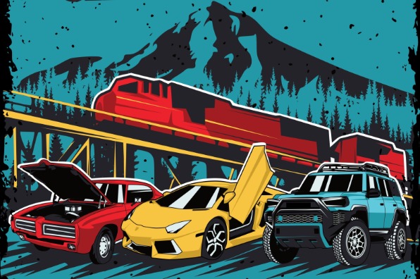Illustration featuring a red classic muscle car with an open hood, a yellow sports car with an open scissor door, and a blue off-road SUV—set against a mountainous forest background with a train crossing a bridge above.