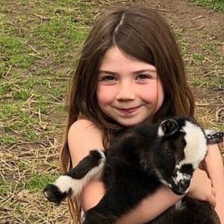 child holds baby goat