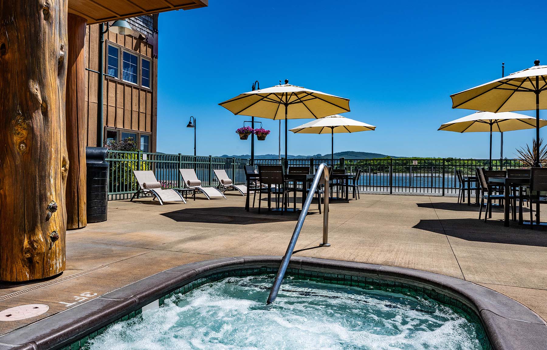 Hot tub on deck with bay view