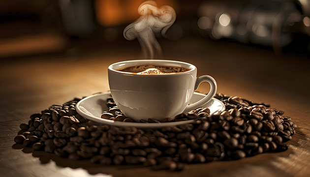 Coffee cup on a bed of coffee beans