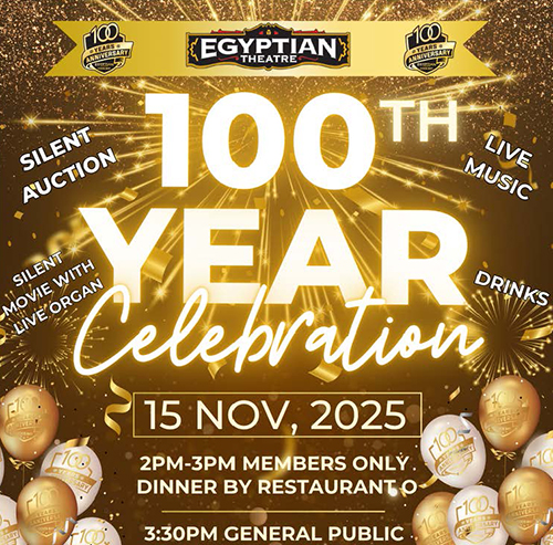 Graphic for 100 year celebration with balloons, streamers and stars.