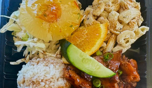 Asian entree with rice chicken and pineapple