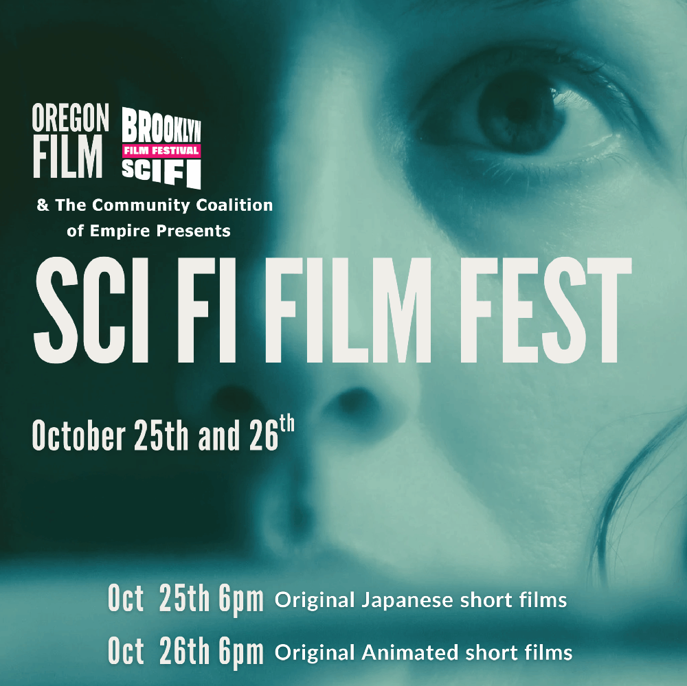 Close up of a woman's face with Sci Fi Film Fest information