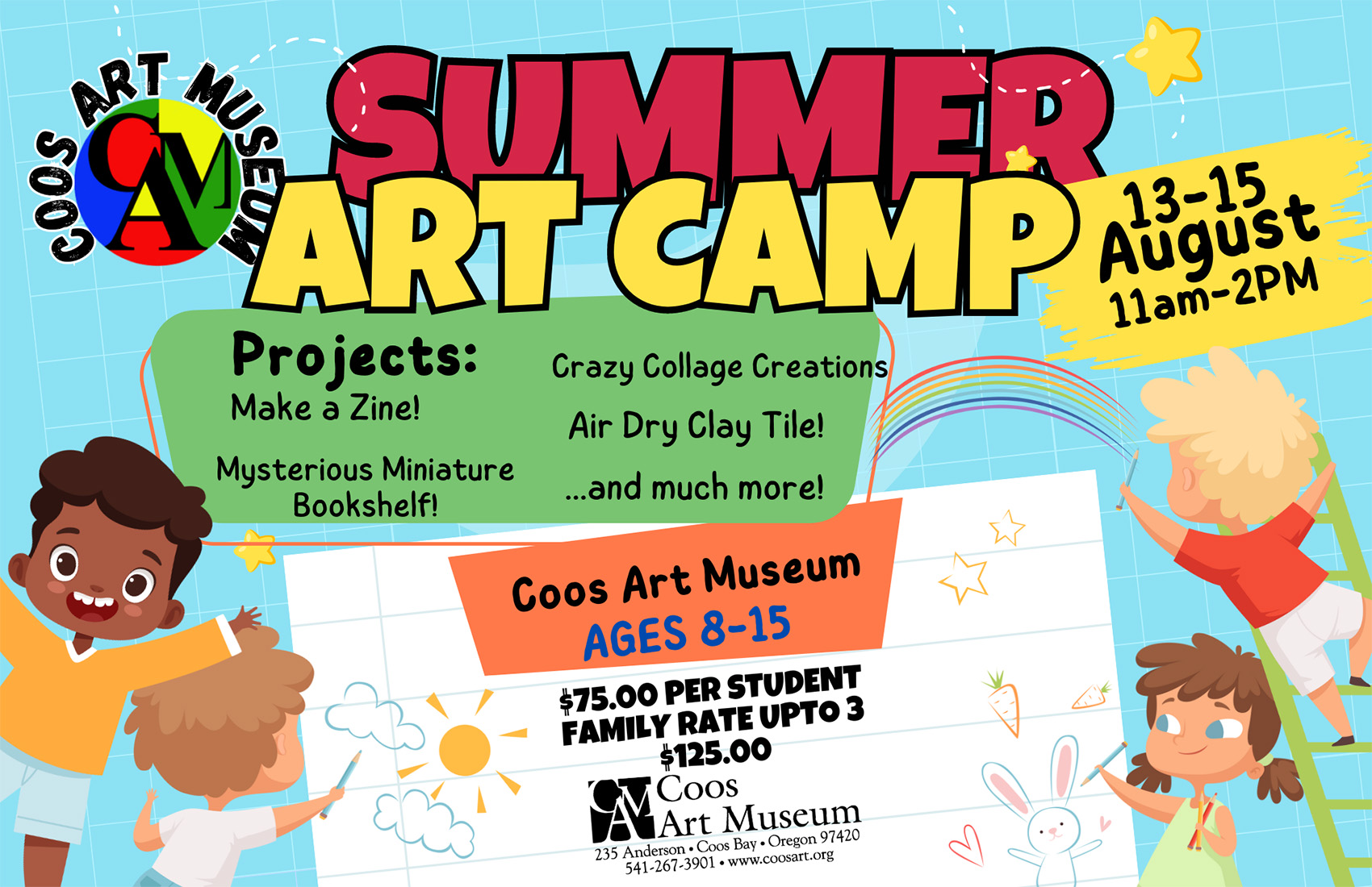 poster for kid summer art camp hosted by Coos Art Museum