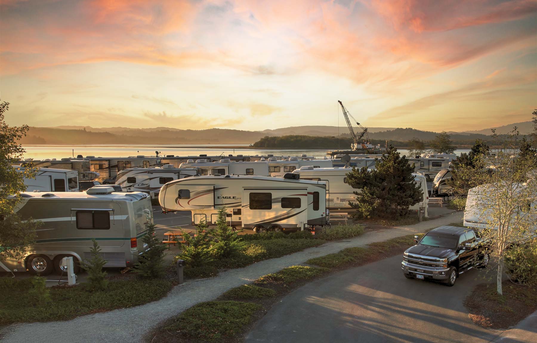 Sunset over RVs parked at Ko-Kwel Casino Resort Coos Bay
