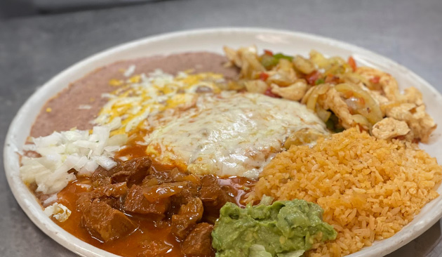 plate of mexican food rice beans beef