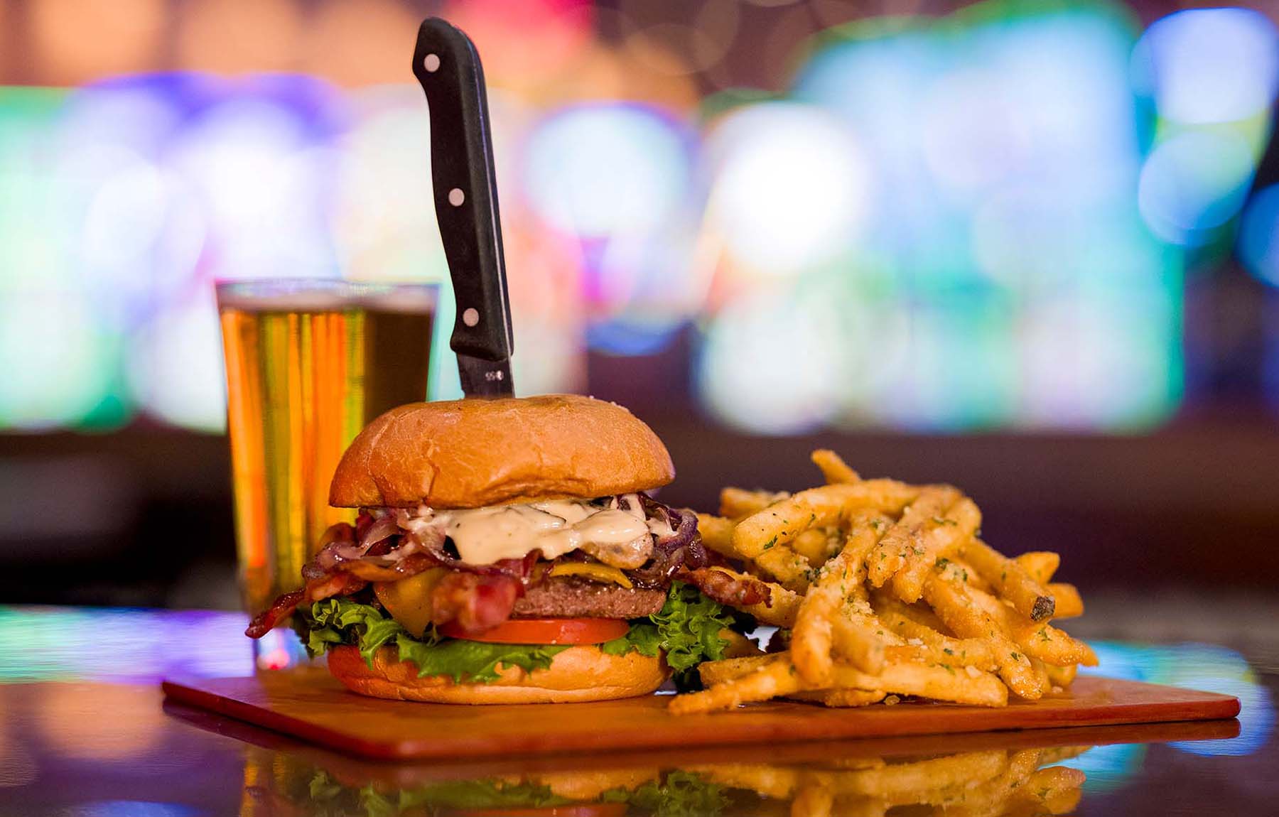 Burger, fried and beer
