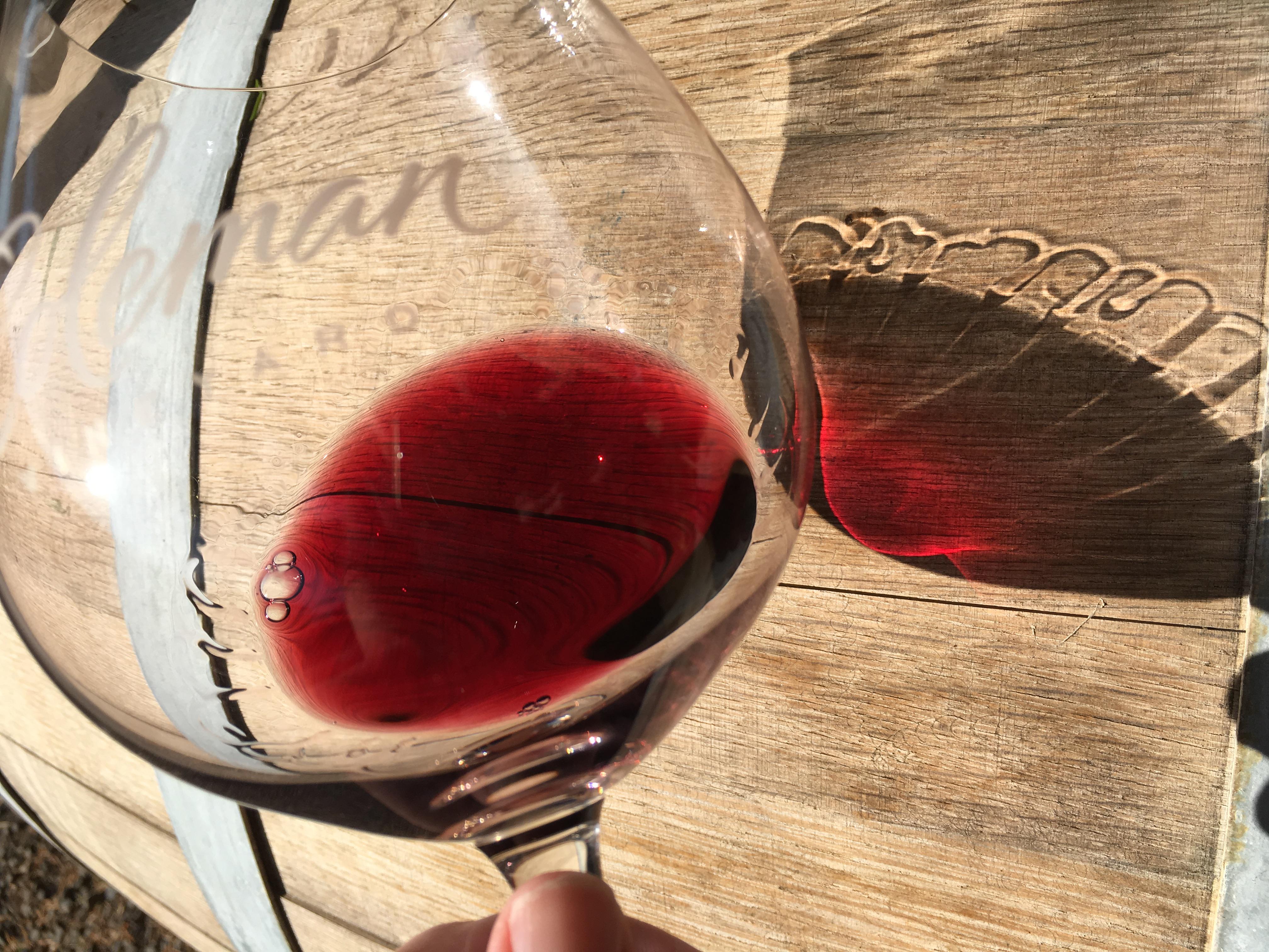 wine glass with sun showing through red wine