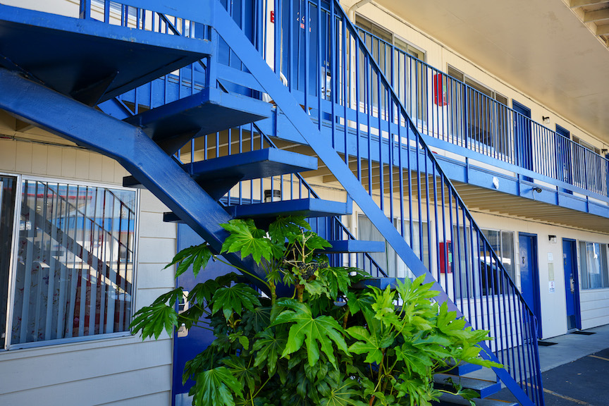 Staircase and exterior of motel in Reedsport, Oregon