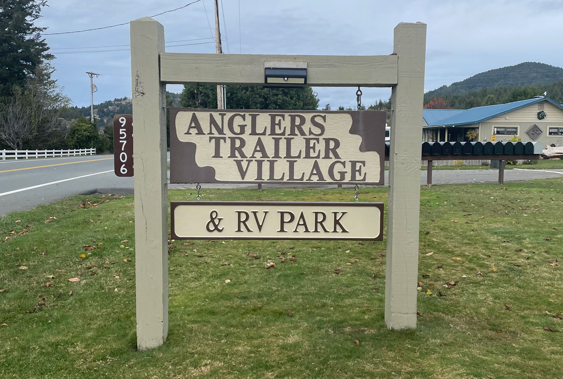 Sign at Anglers Trailer Village and RV Park, Gold Beach Oregon