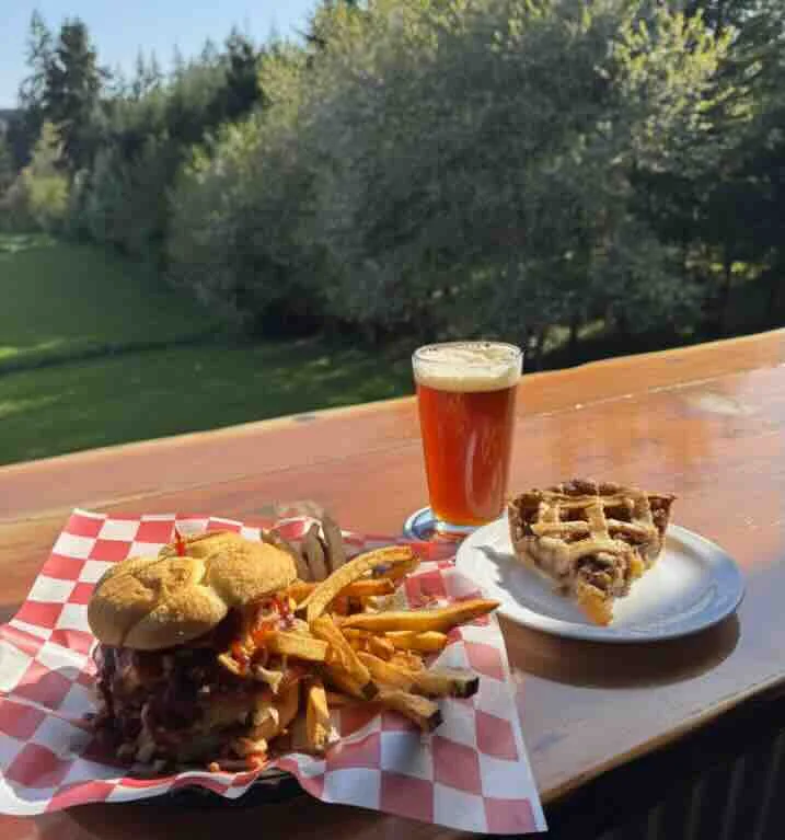Hillbilly Burger, beer and pie overlooking wooded backyard