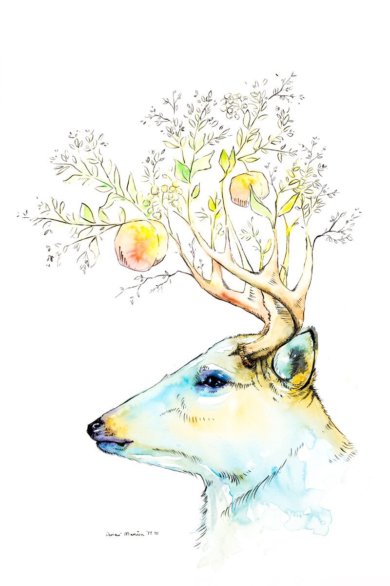 watercolor art of deer with antlers styled to be peach tree