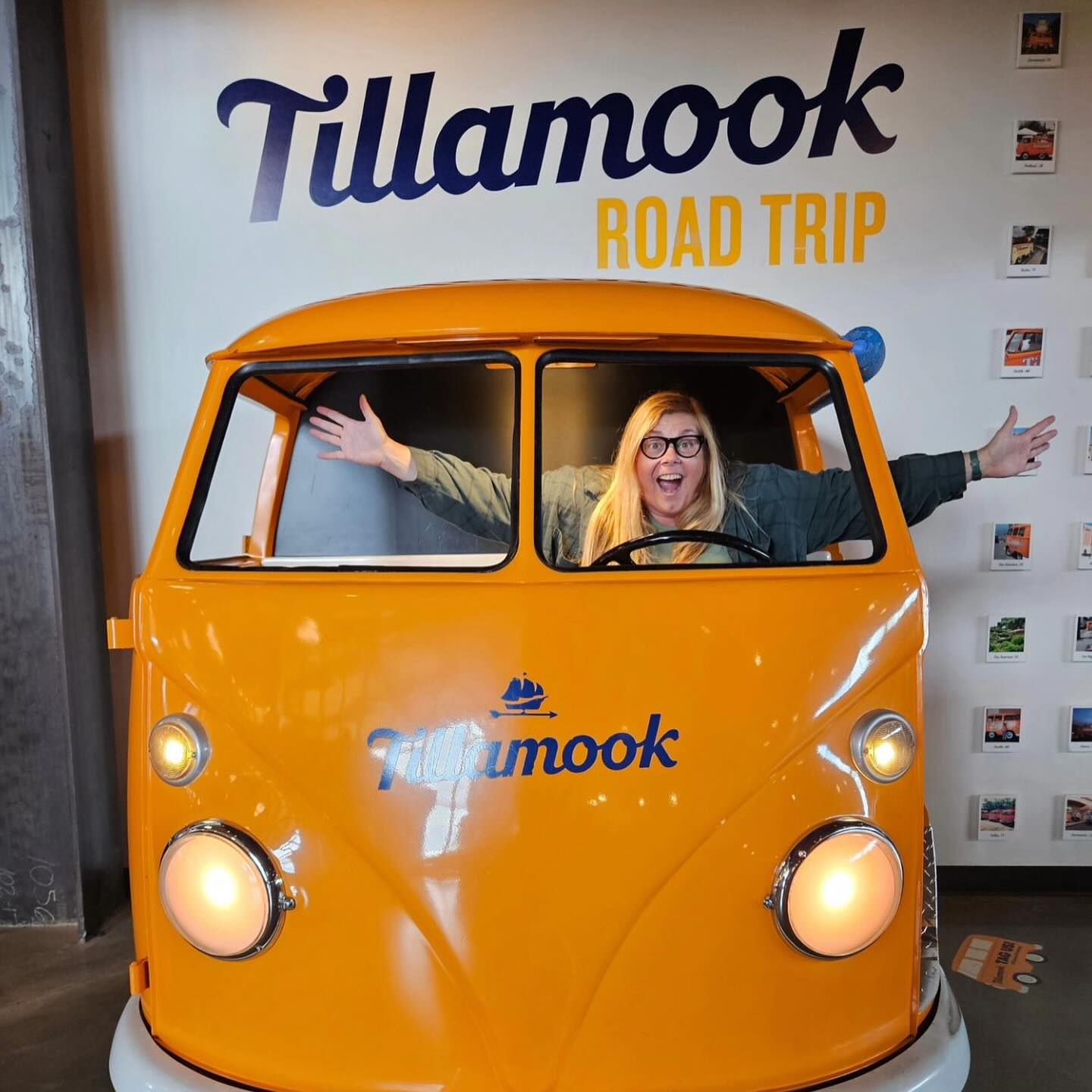 A woman taking a selfie inside the Tillamook mini-loaf van