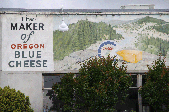 vintage sign featuring wedge of cheese in northwest landscape