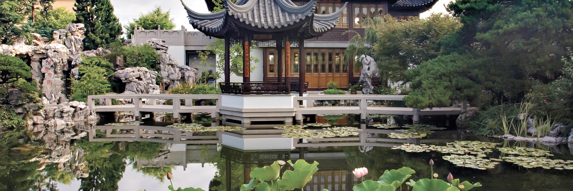 A view of the lake and gardens at Lan Su Chinese Garden