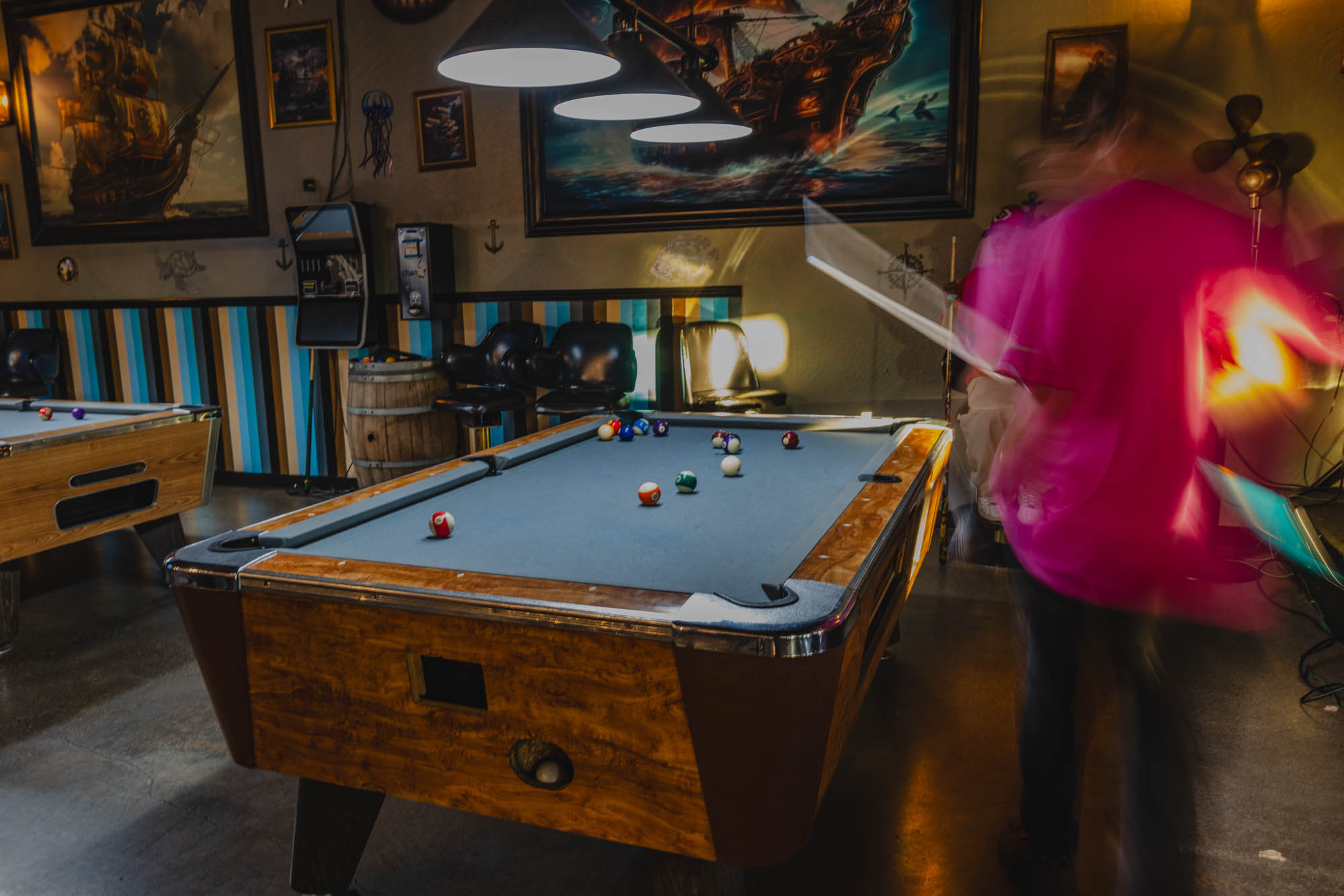 Pool tables at The Lucky Pirate Chop House in Brookings, Oregon