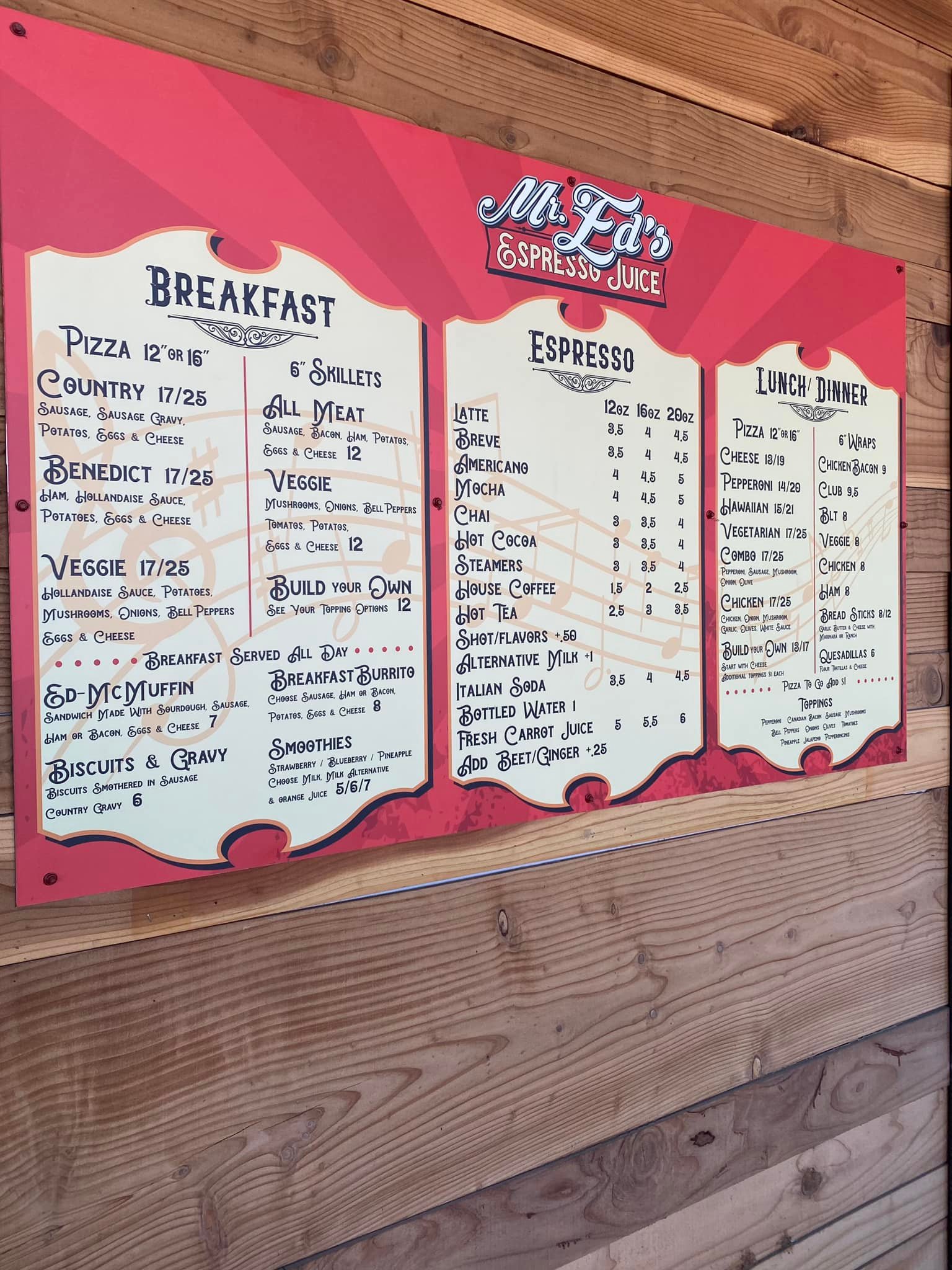 Full Menu at Mr. Ed's Espresso, Juice, and Underground Pub in Port Orford, Oregon