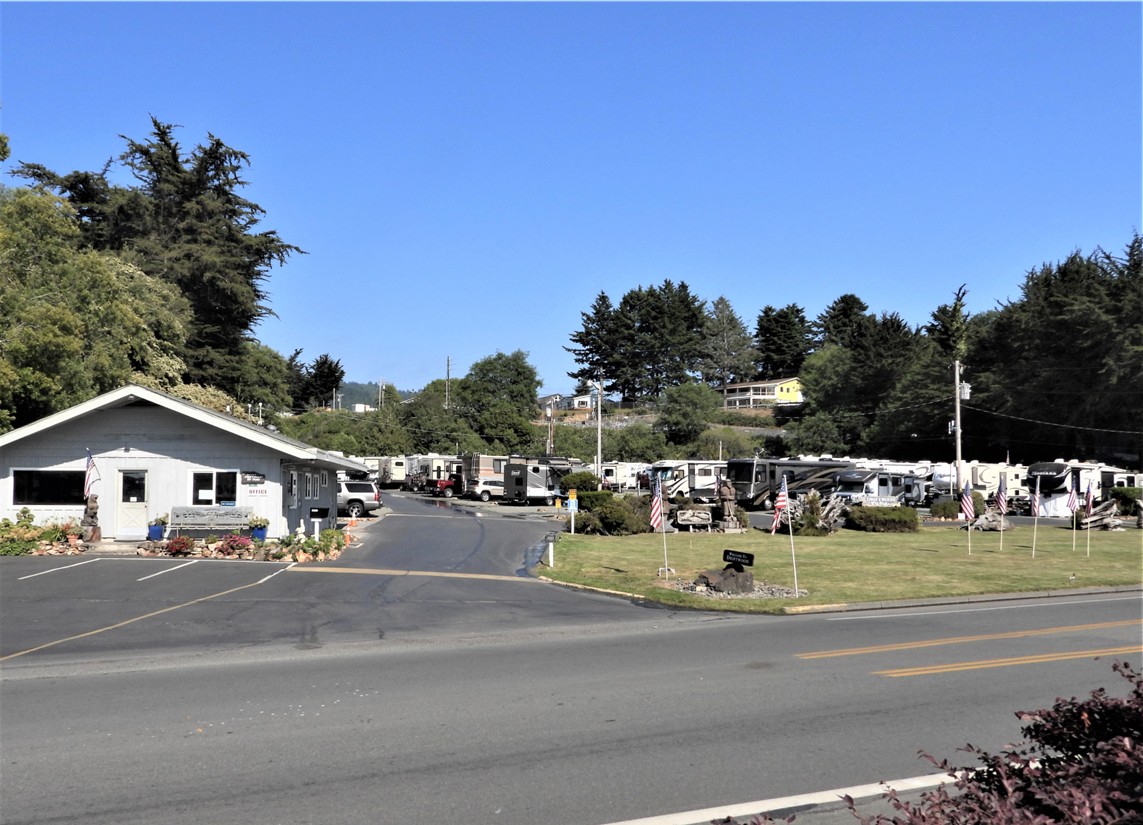 Entrance of the campground at Driftwood RV Park in Brookings, Oregon
