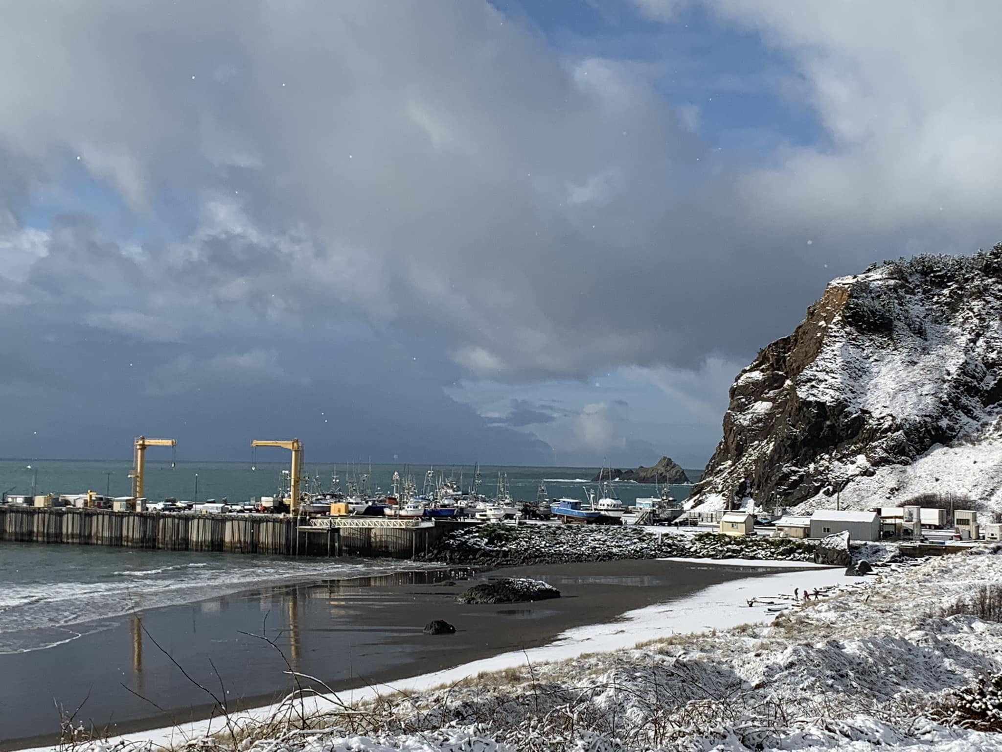 Snow in February 2023 at the Port of Port Orford, Oregon