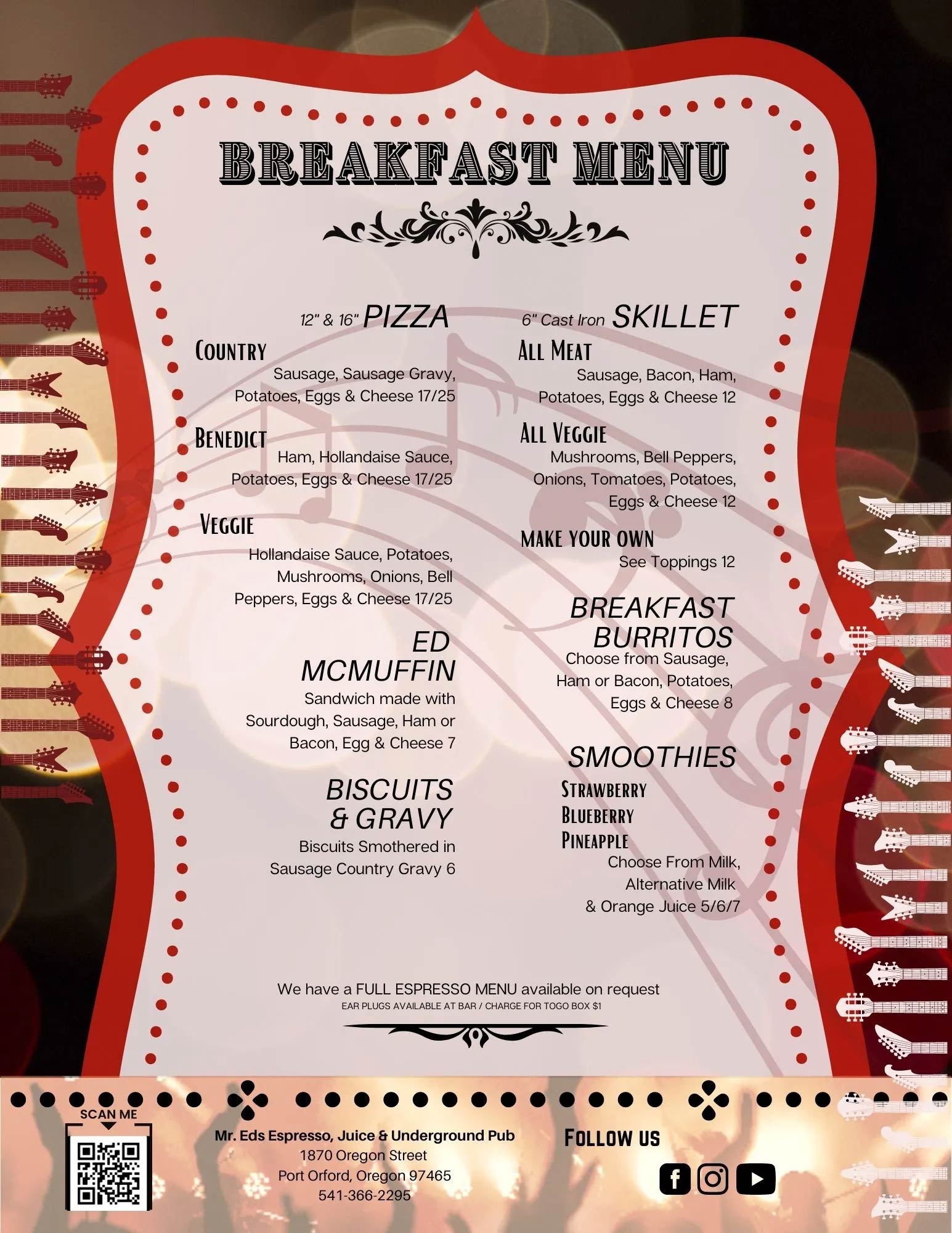 Breakfast Menu at Mr. Ed's Espresso, Juice, and Underground Pub in Port Orford, Oregon