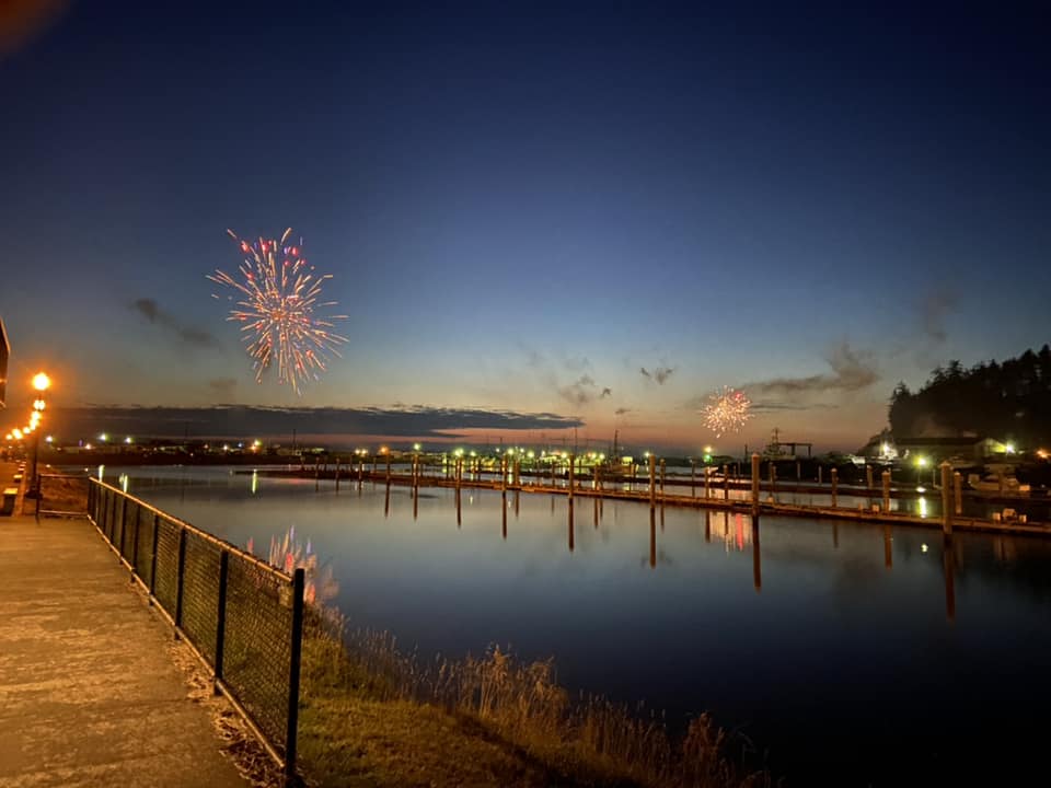 Fireworks on the bay at Bedrock's on the Bay in Winchester Bay, Oregon