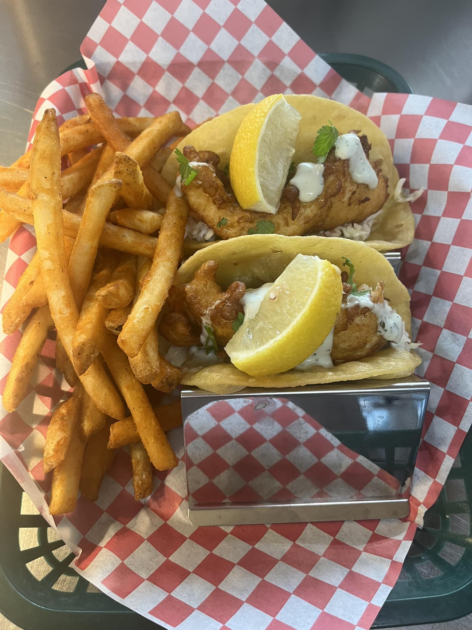Halibut fish tacos at Bedrock's on the Bay in Winchester Bay, Oregon