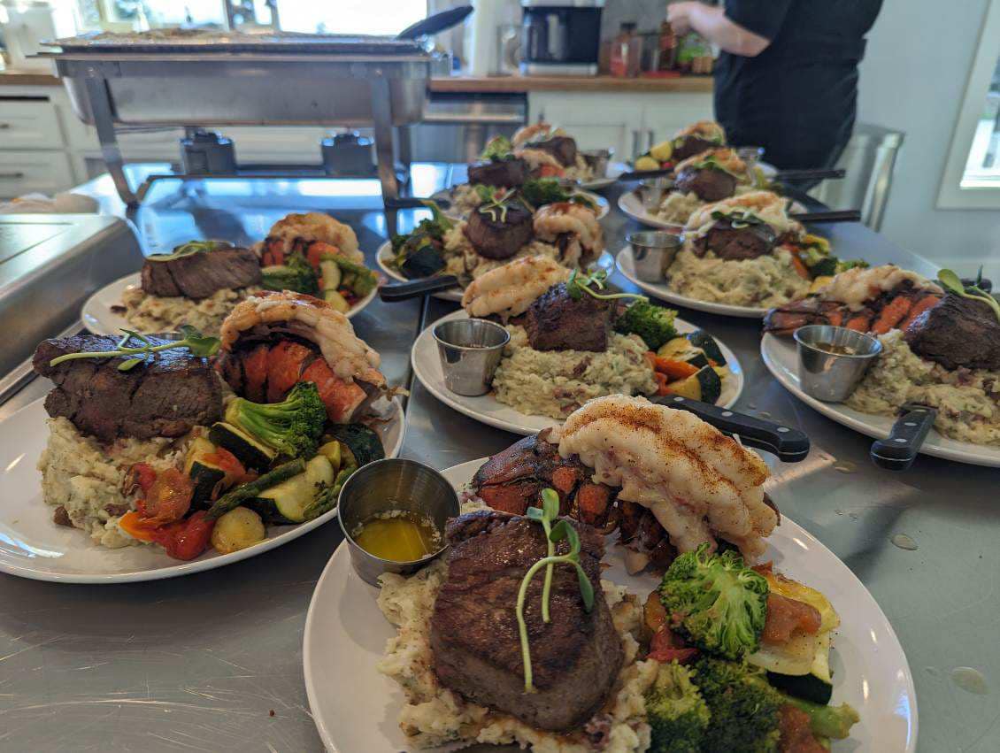 Surf and turf - steak and seafood - catering for a wedding by Black Trumpet Bistro in Brookings, Oregon