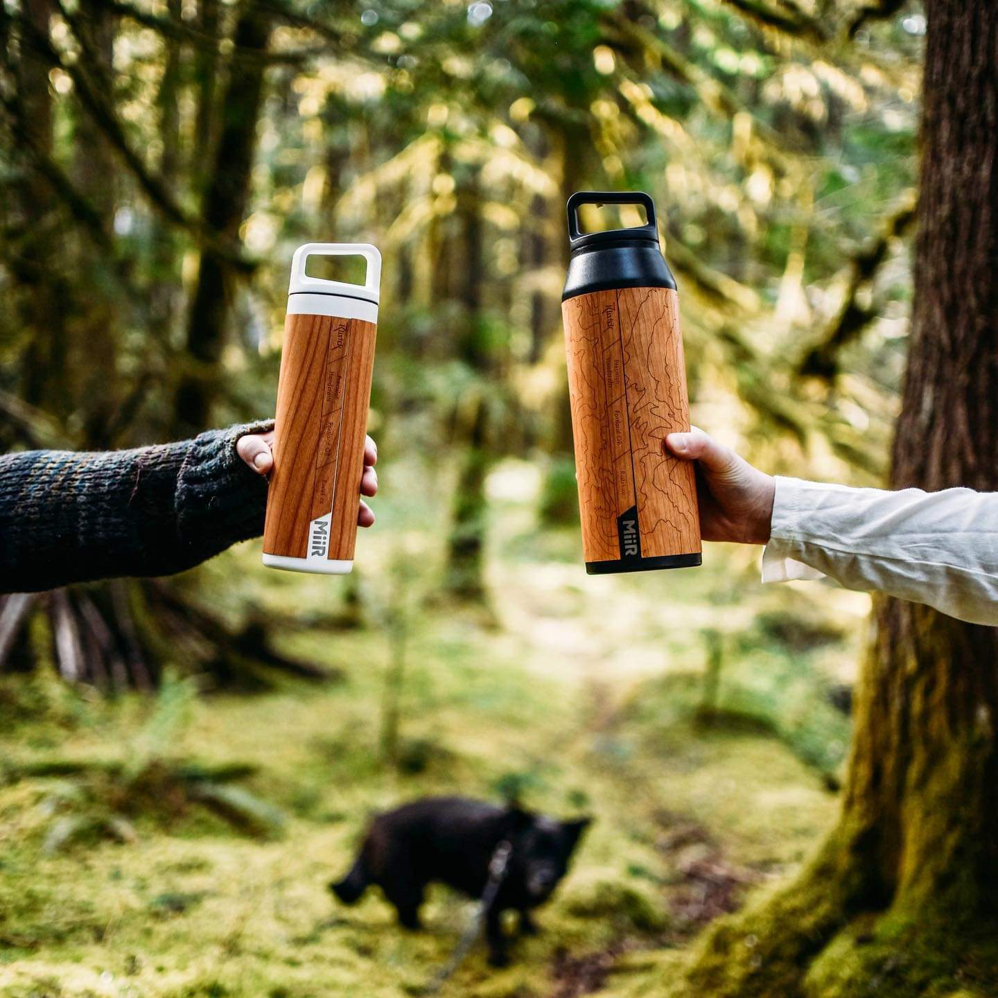Two  arms holding out custom water bottles in the forest