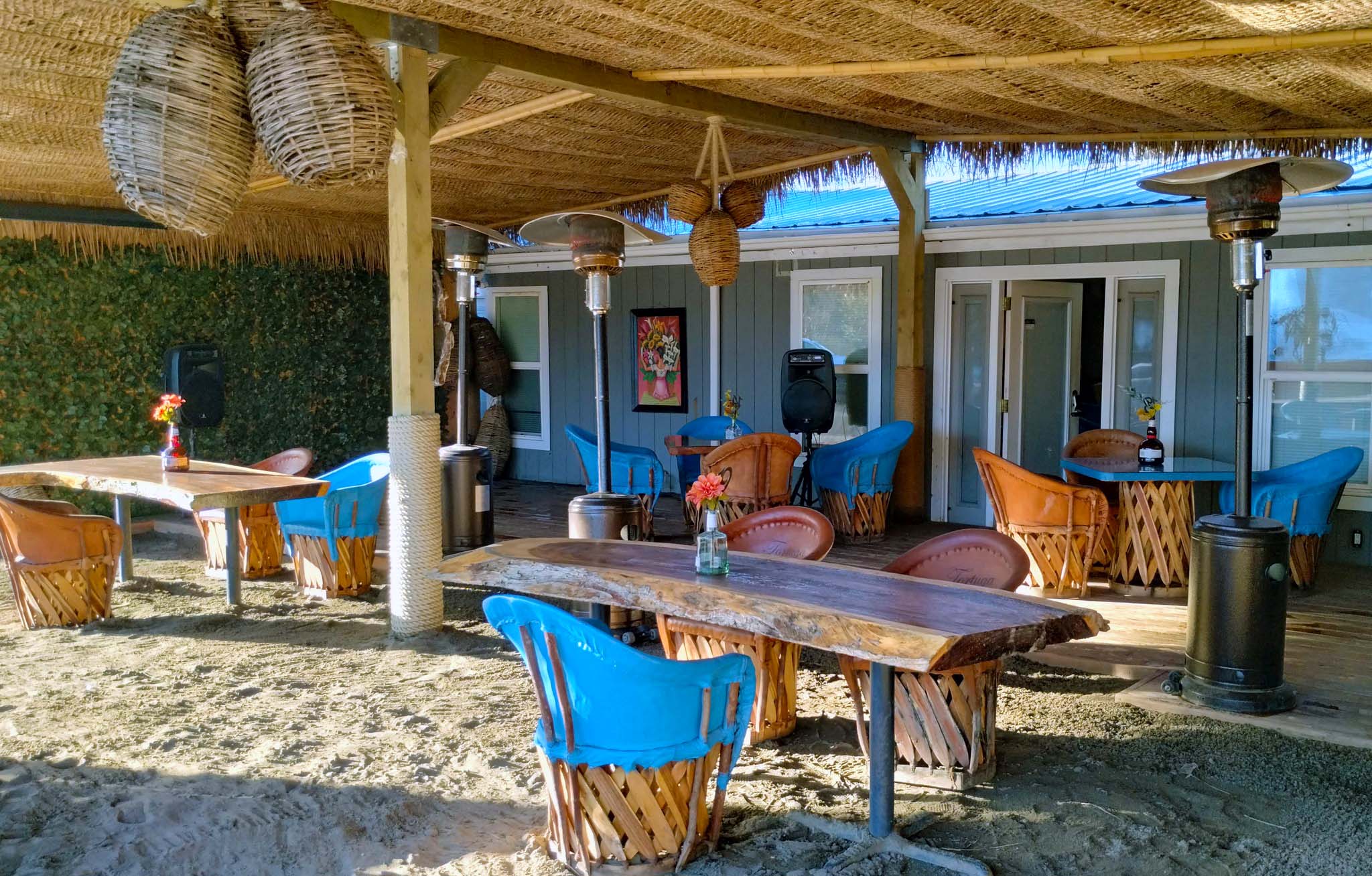 Outdoor dining area at Tortuga Mexican Bar and Grill in Gold Beach, Oregon