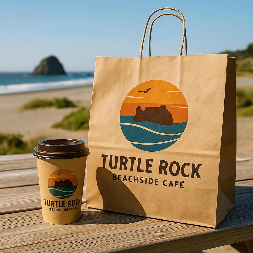 Bag and coffee cup at Turtle Rock Beachside Cafe in Gold Beach, Oregon
