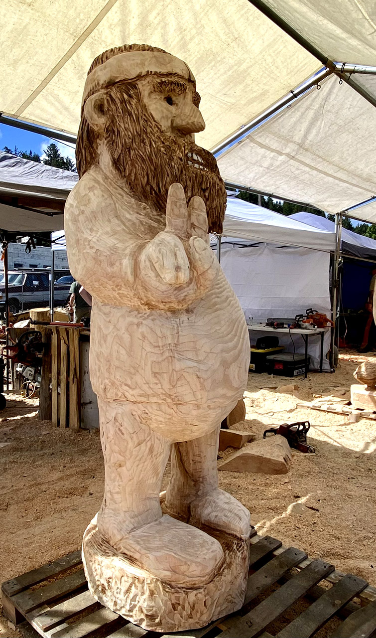 Chainsaw carving of a hippie at the Oregon Divisional Chainsaw Carving Championship in Reedsport, Oregon