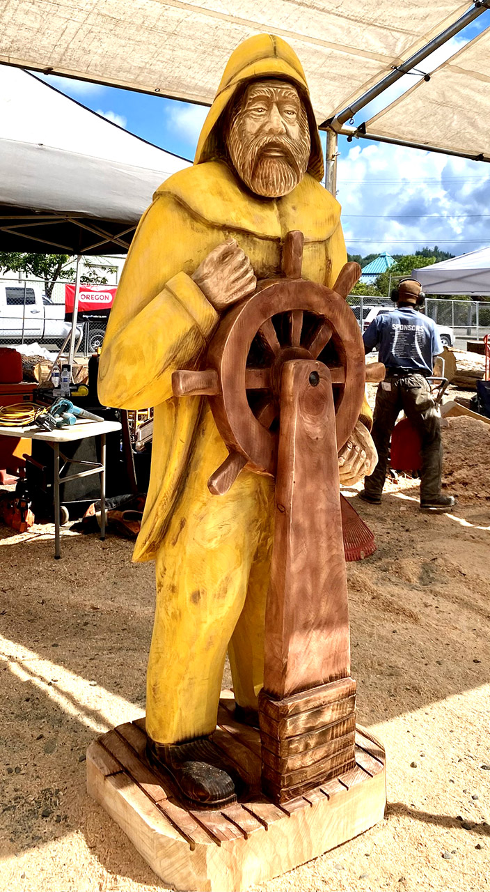 Chainsaw carving of a sailor at the Oregon Divisional Chainsaw Carving Championship in Reedsport, Oregon
