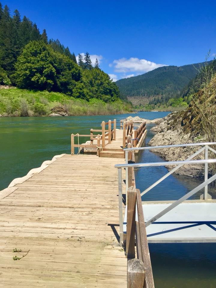 Boat dock at Cougar Lane Lodge in Agness, Oregon