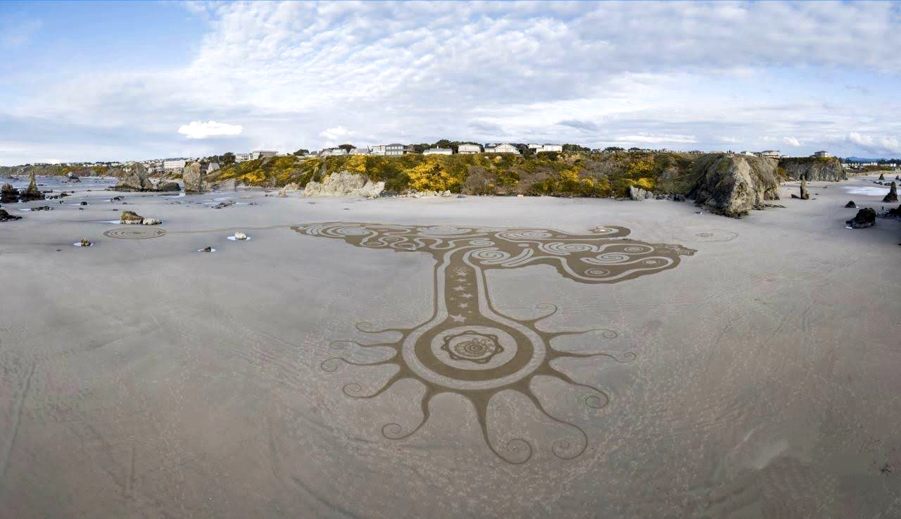 Aerial view of sand art and town by Circles in the Sand in Bandon, Oregon