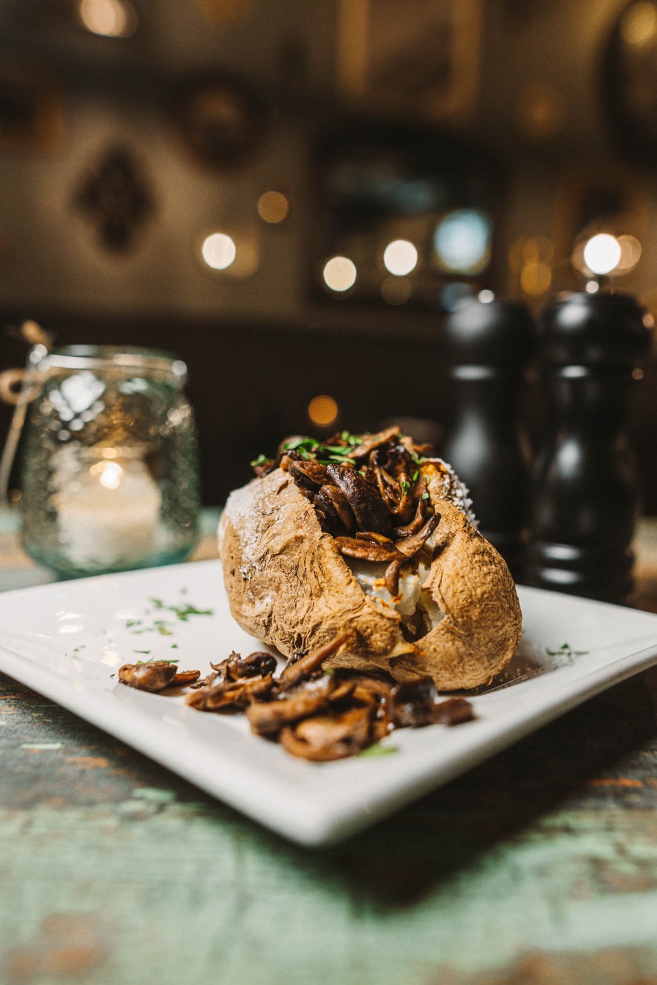 Baked potato with mushrooms at The Lucky Pirate Chop House in Brookings, Oregon