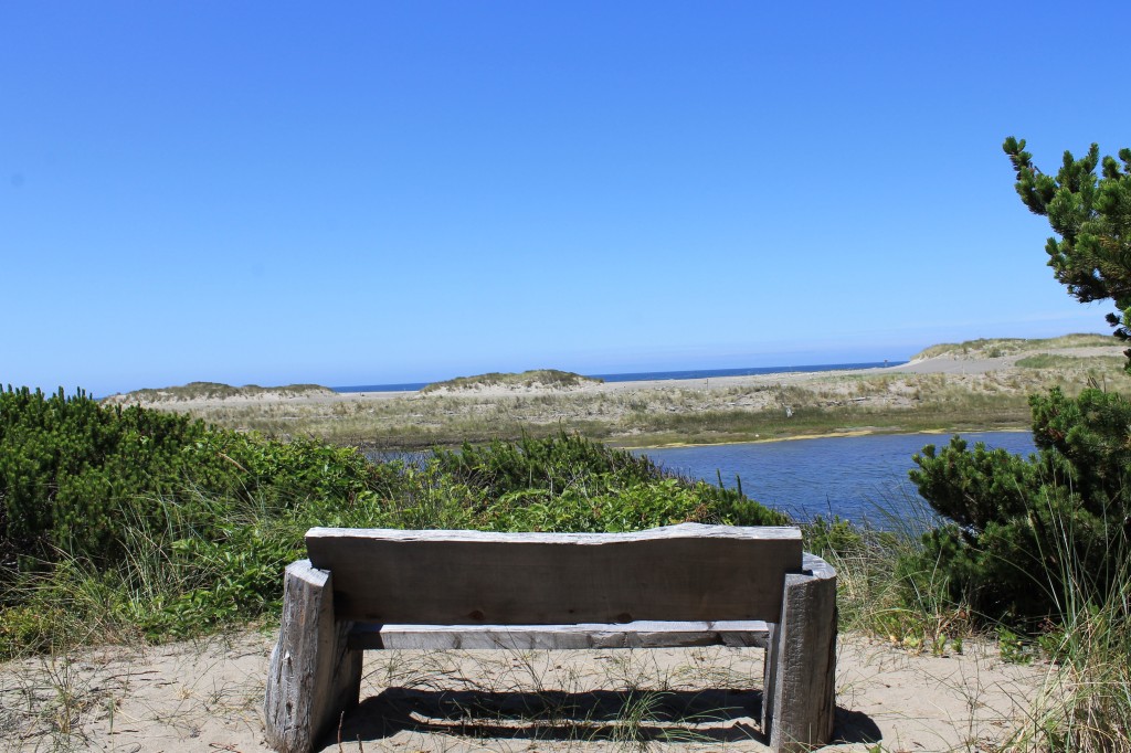 Bench with view of New River and the Pacific Ocean in Langlois, Oregon