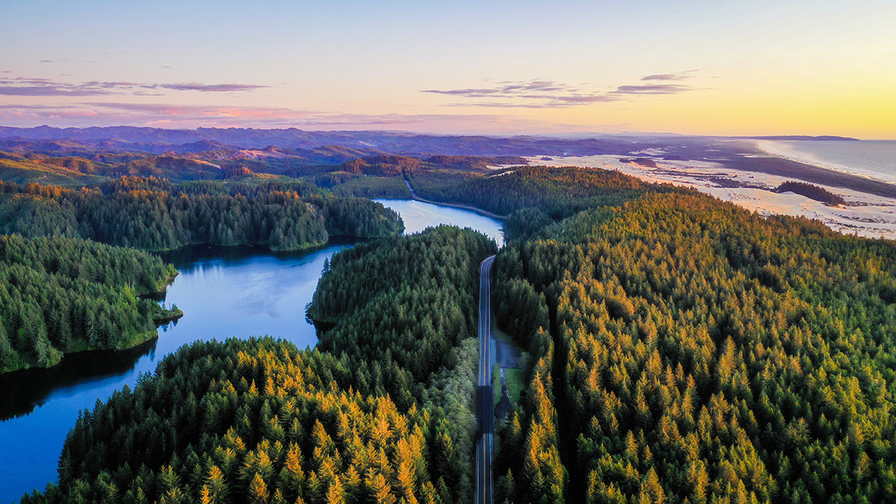 Tenmile Lake and Highway 101 and the ocean in Lakeside, Oregon