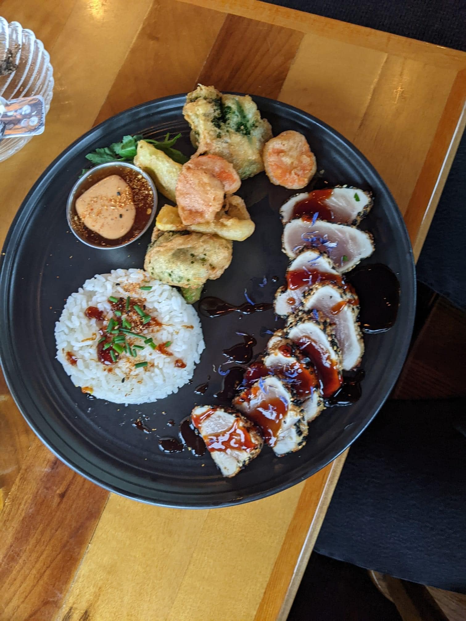 Seared ahi tuna, tempura veggies, and steamed rice at Big Fish Cafe in Reedsport, Oregon