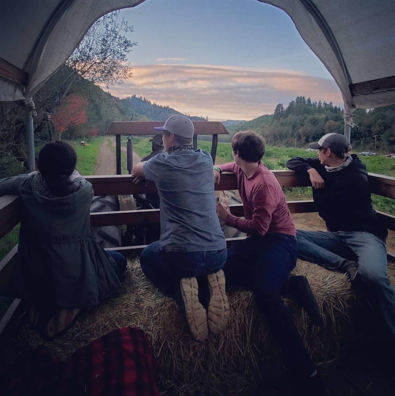 Four guys watching the sunset on a hay ride at Mahaffy Ranch near Coos Bay, Oregon