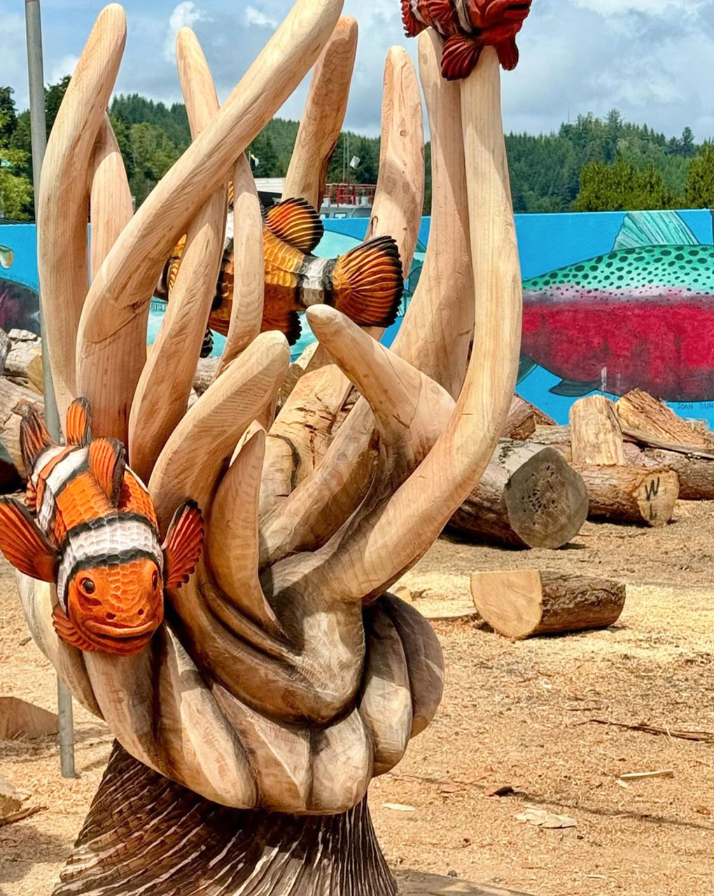 Clown fish and coral chainsaw carving at the Chainsaw Carving Festival in Reedsport, Oregon