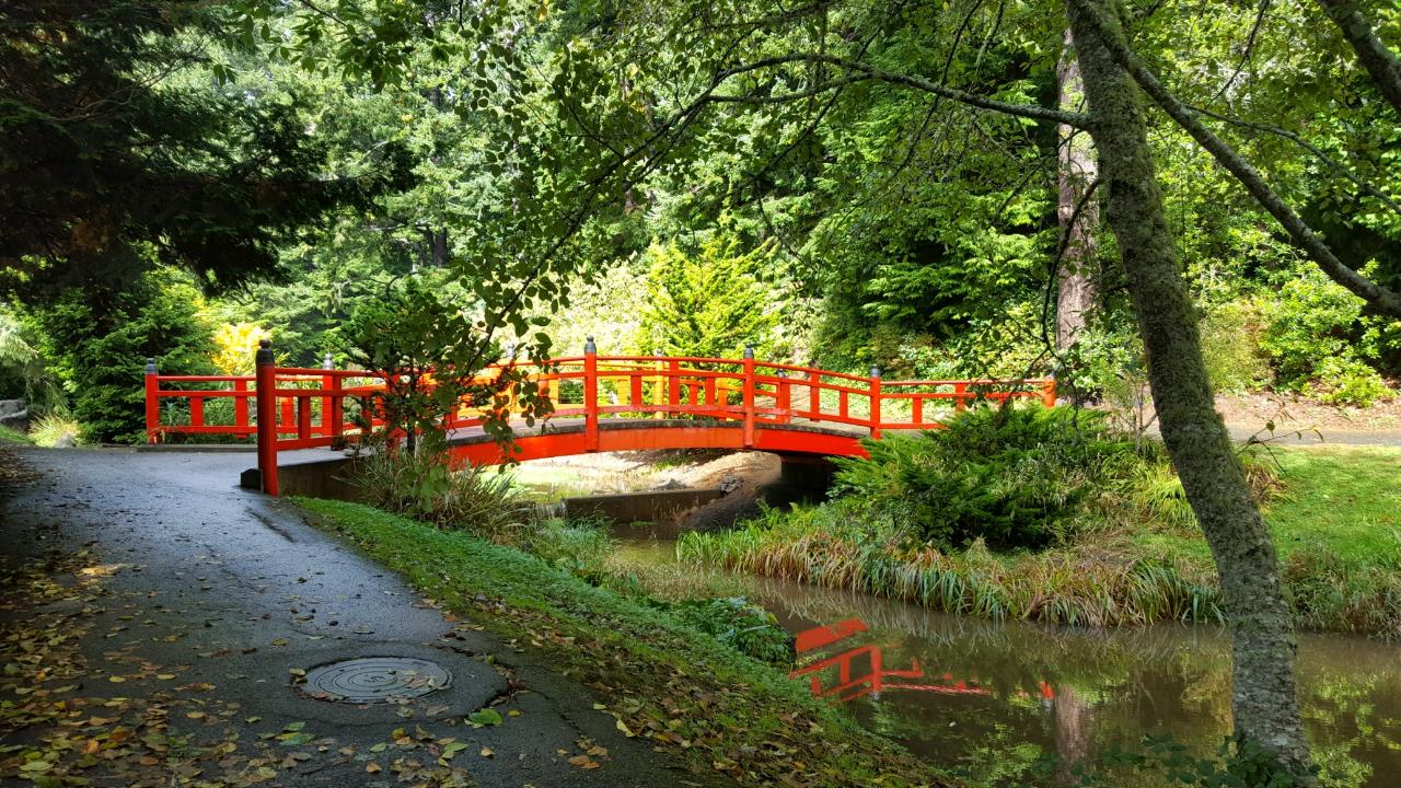 Asian architecture and gardens at Mingus Park in Coos Bay, Oregon