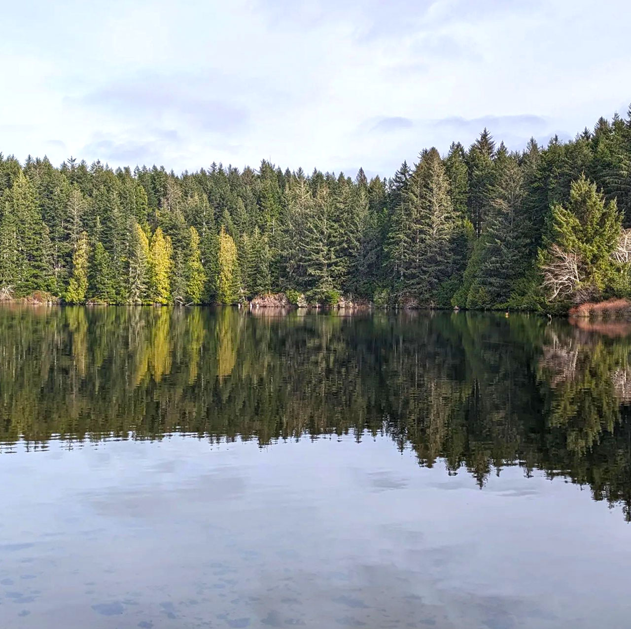 Glassy water at Hall Lake in Lakeside, Oregon