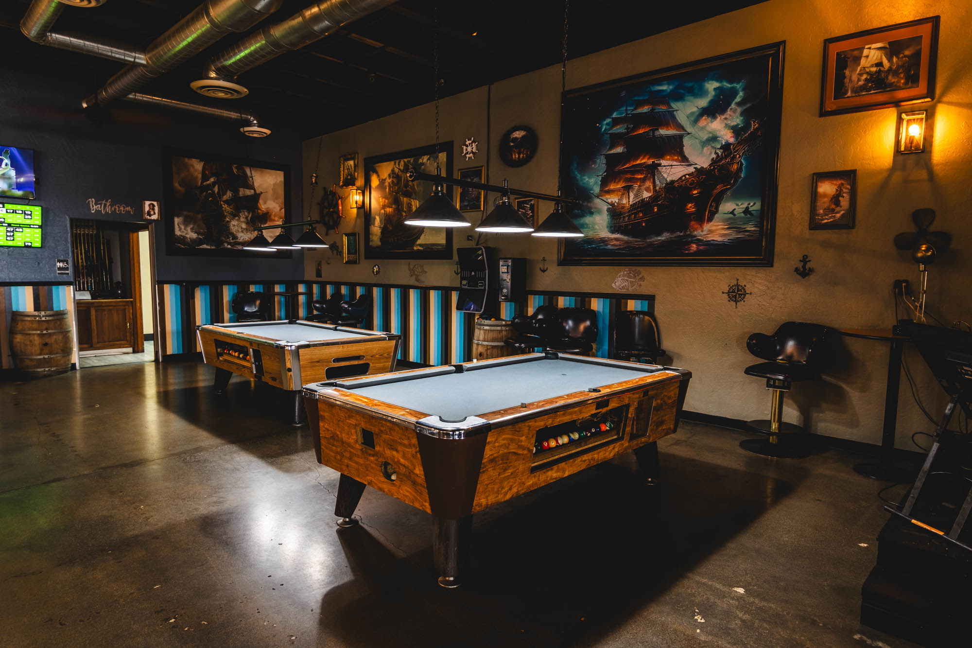 Pool tables at The Lucky Pirate Chop House in Brookings, Oregon